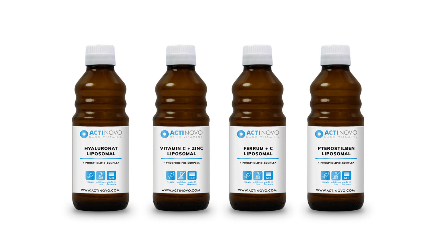 four Bottles of nutritional supplement with outdated Actinovo labels on them representing product types