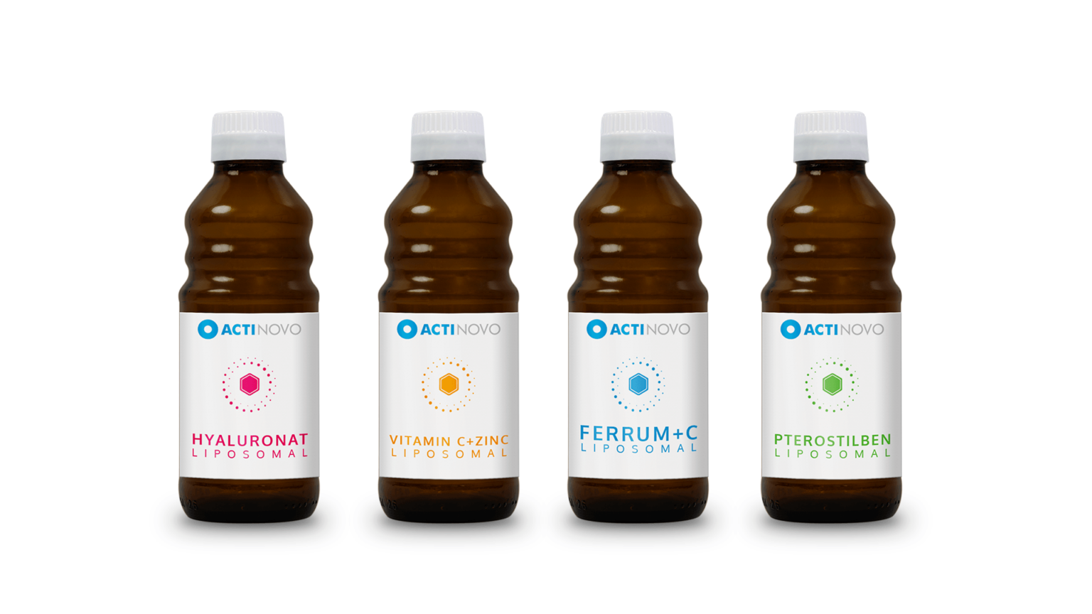four Bottles of nutritional supplement with Actinovo labels on them representing product types