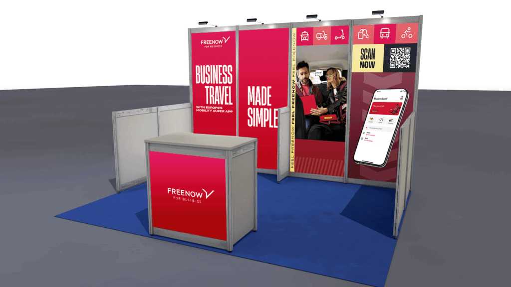 3D visualization if a booth for FREENOW at the GBTA 2023